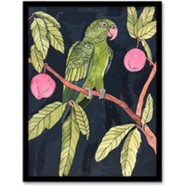 Green Parakeet Parrot on Plum Fruit Tree Branch Framed Wall Art - A4