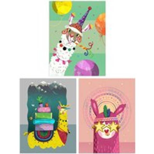 Wall Art Print Pack of 3 A4 Kids Bedroom Llama Cool White Yellow Pink Camping Party Colourful Living Room s Set - Multi - A4