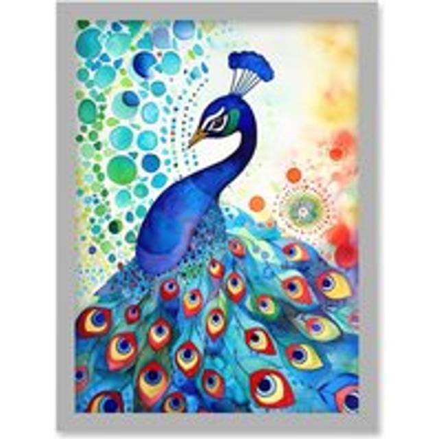 Peacock Bird With Mandala Patterns Folk Art Watercolour Painting Artwork Framed Wall Art Print A4 - Grey - One Size