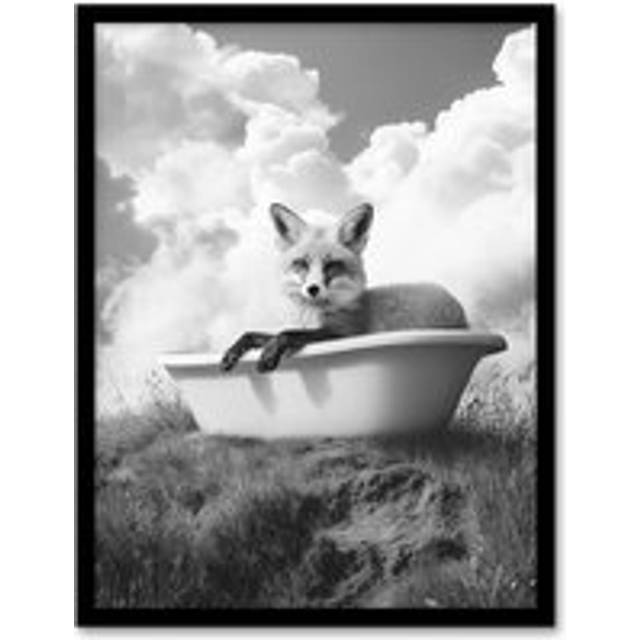 Fox in Bathtub in a Field Black White Surreal Framed Art Print - Grey - A4