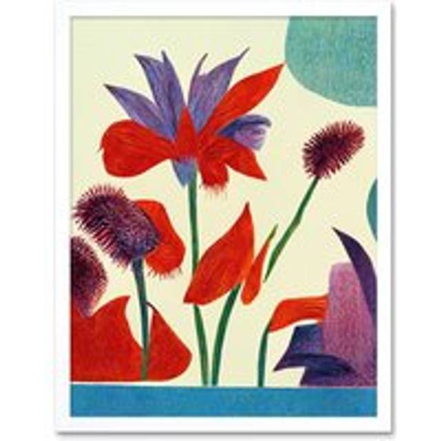Wall Art Print Abstract Red Purple Jungle Flowers Floral Art Framed - White - W12 inch x H16 inch