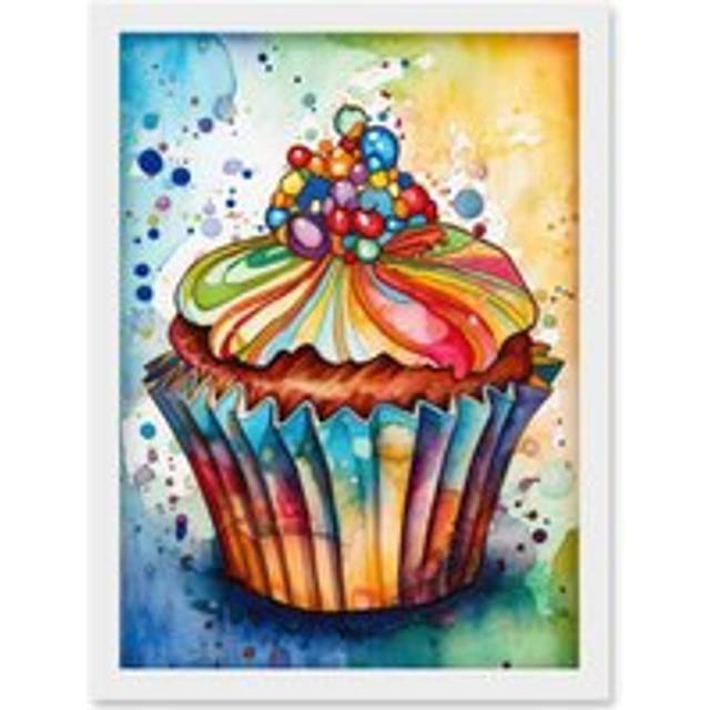 Cupcake With Sprinkles Vibrant Watercolour Painting Artwork Framed Wall Art Print A4 - White - One Size