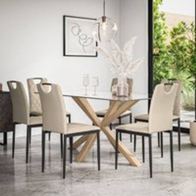 (Beige) Etta Glass Dining Table Set w Solid Oak Legs w 4-6 Monza Faux Leather Chair