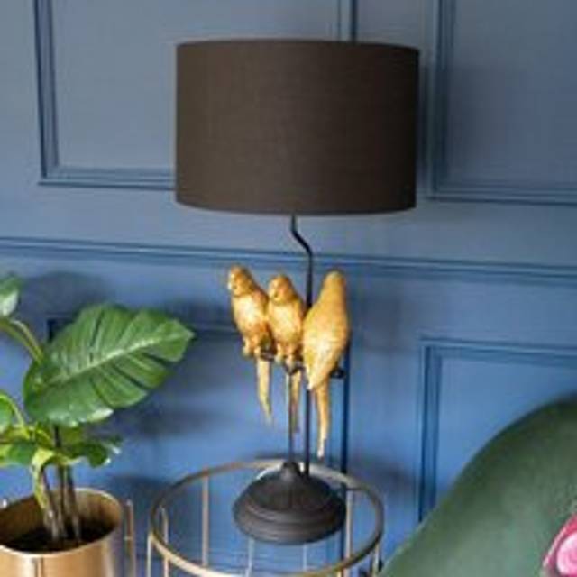 79cm 3 Parrots On Branch Lamp base & Shade - Black Gold with Black & Gold Shade - One Size