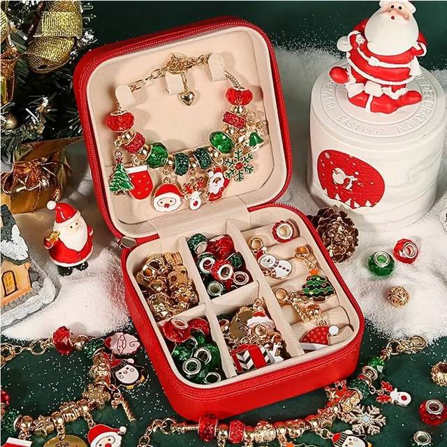 (Christmas Set) Christmas Charm Bracelet Making Kit, Elegant Red Green Series DIY Beads
