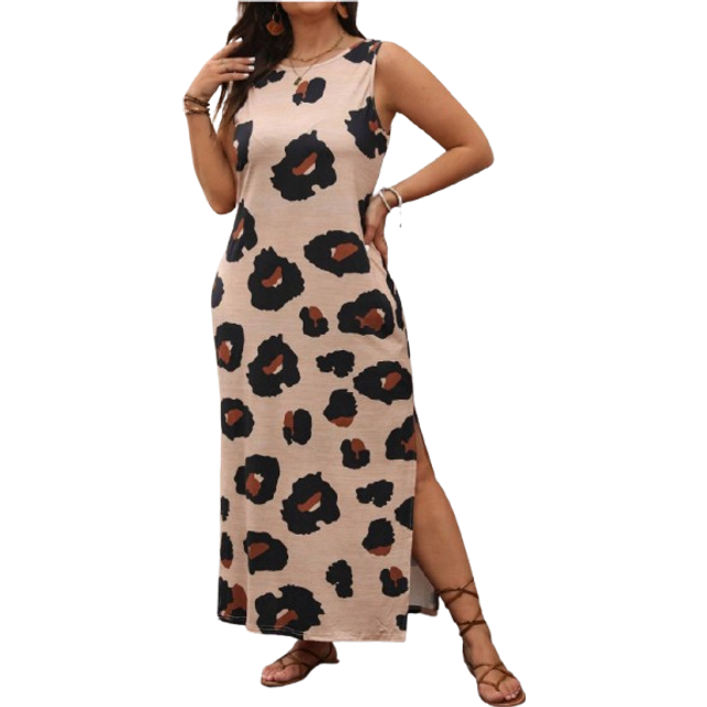SHEIN Plus Leopard Print Split Thigh Dress For Summer Vacation Maxi Women Outfit