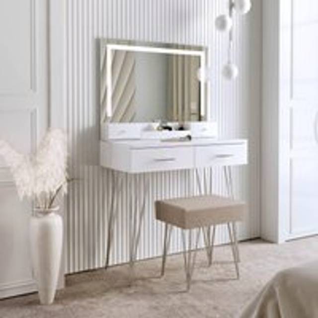 CARME Home Sophia Dressing Table With Touch Sensor Led Mirror White, White
