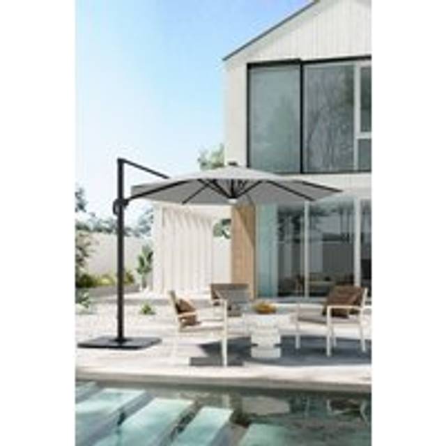 Outdoor Round Garden Cantilever Parasol with Solar Lights & HDPE Base - Light Grey - One Size