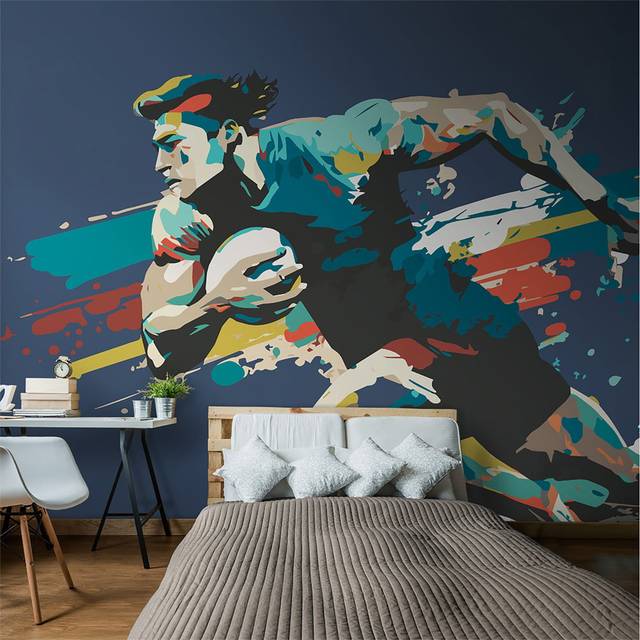 Origin Murals Rugby Player In Graphic Style Blue 3M X 2.4M Wall Mural, Blue