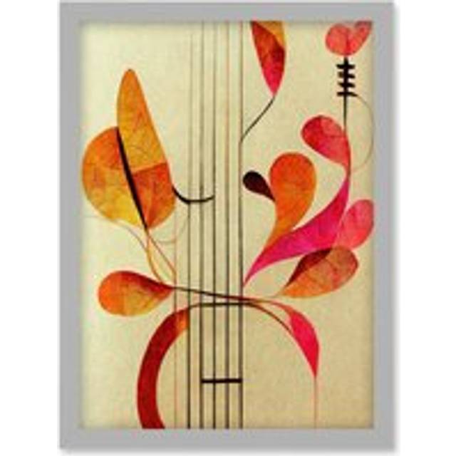 Abstract Autumnal Boho Leaves and Musical Music Staff Lines Cream Pink Copper Yellow Artwork Framed Wall Art Print A4 - Grey - One Size