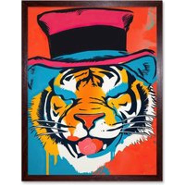 Wall Art Print Tiger Head Wearing Pink Top Hat Modern Pop Art Framed - Brown - W12 inch x H16 inch