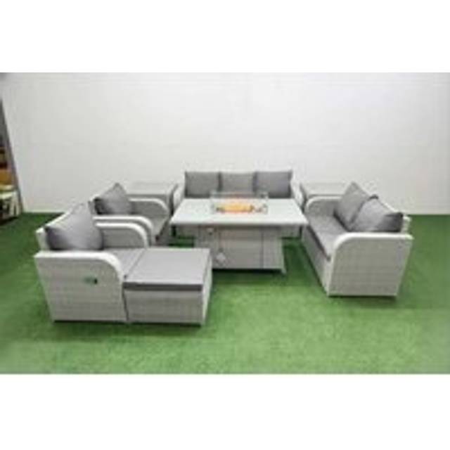 8-Seater Garden Sofa Dining Set Firepit Table & Reclining Chair | Wowcher - Grey