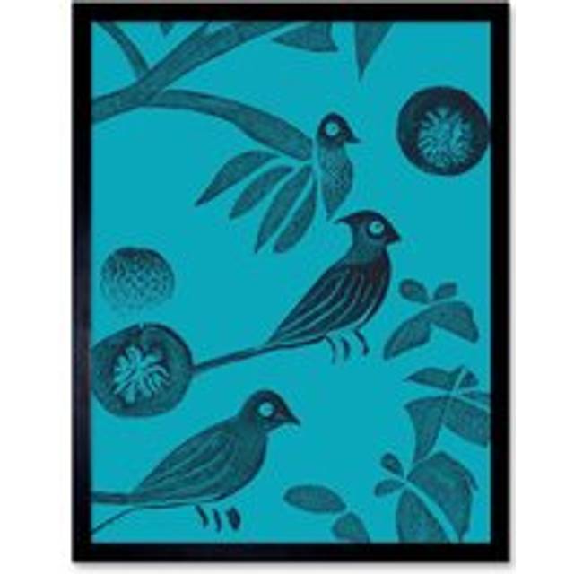 Wall Art Print Linocut Vintage Blue Birds Jungle Pattern Teal Art Framed - Black - W12 inch x H16 inch