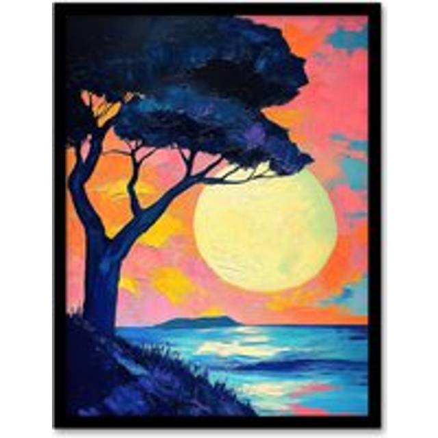 Tree Silhouette By Sea Large Sunset Sun Seascape Framed Art Print - Pink - W12 inch x H16 inch