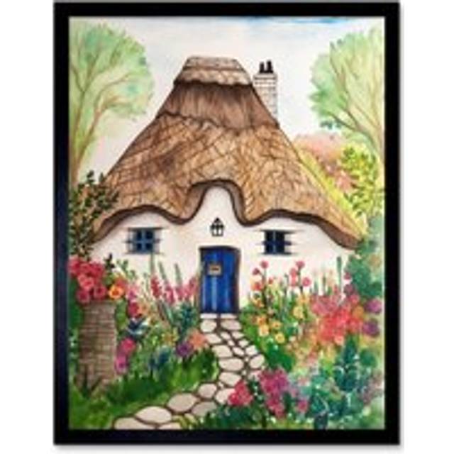 Wall Art Print The Cottage In The Forrest Flowers Folk Art Framed - Black - W12 inch x H16 inch