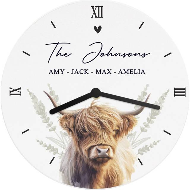Personalised Memento Wooden Personalised Highland Cow Clock - White - 2.5 x 2.5 x 0.4cm