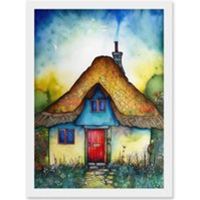 The Thatched Cottage Folk Art Artwork Framed Wall Art Print A4 - White - One Size