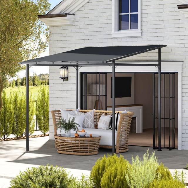 Outsunny 2.4 x 2.4 M Wall Mounted Pergola Gazebo UPF30+ Dark Grey - 84C-539V00CG