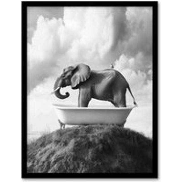 Elephant in Bathtub on a Hill Black White Surreal Framed Art Print - Grey - A4