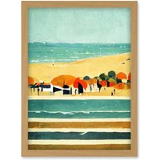 Abstract Modern Painting Summer Beach Scene French Riviera Artwork Framed Wall Art Print A4 - Tan - One Size
