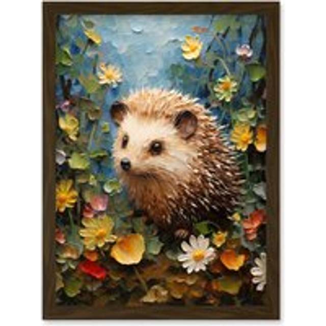 Wall Art Print Hedgehog Wildflower Meadow Thick Paint Oil Painting Kids Bedroom Cute Woodland Creature Artwork Framed A4 - Brown - A4