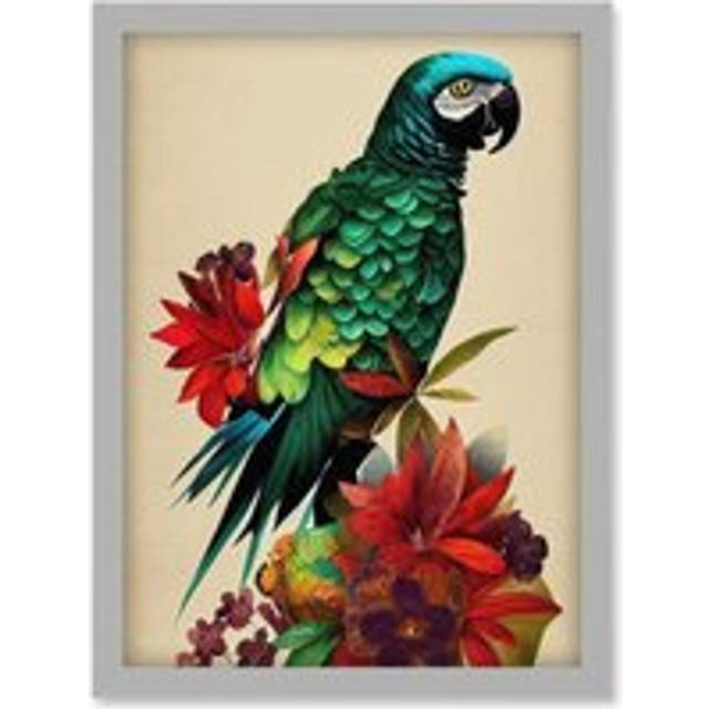 Exotic Flowers And Feathers Macaw Parrot And Jungle Blooms Artwork Framed Wall Art Print A4 - Grey - One Size