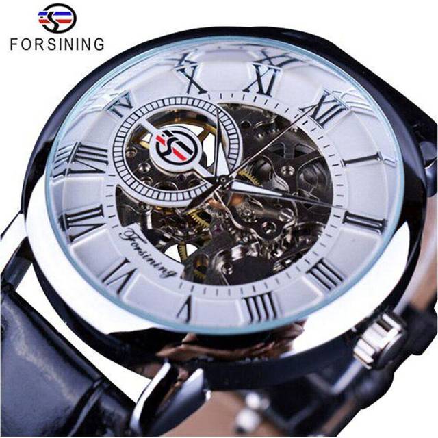 (white) Forsining 3D Logo Design Hollow Engraving Black Gold Case Leather Skeleton Mechanical Watches Men Luxury Brand Heren Horloge