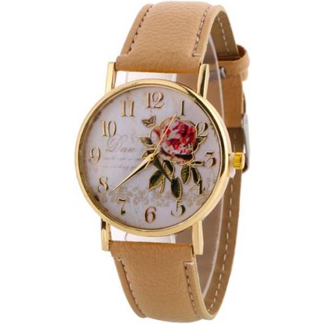 (beige) Women Arabic Number Rose Flower Round Dial Faux Leather Band Quartz Wrist Watch - Cream
