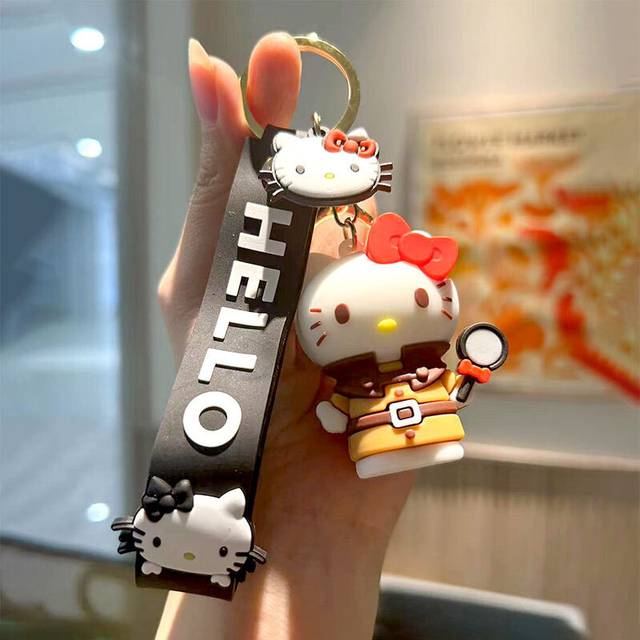 (Detective) Hello Cartoon Kitty Silicone Keychain For Couples With Pink Detective Charm
