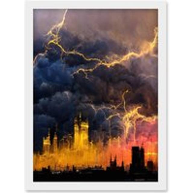Modern Electric Gold London Skyline In Thunderstorm Artwork Framed Wall Art Print A4 - White - One Size