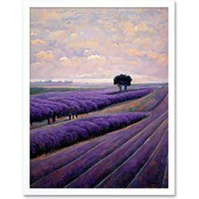 Wall Art Print Lone Tree In A Field Of Purple Lavender Flowers Art Framed - White - W12 inch x H16 inch