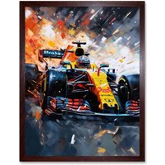 Wall Art Print Grand Prix Race Car in Action on Track Circuit Art Framed - Brown - W12 inch x H16 inch