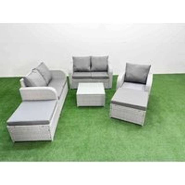 Fimous High Back Poly Rattan Garden Furniture Set with Reclining Chair Loveseat Sofa Square Coffee Table Indoor Outdoor Patio Set 2 Big Stool Light G