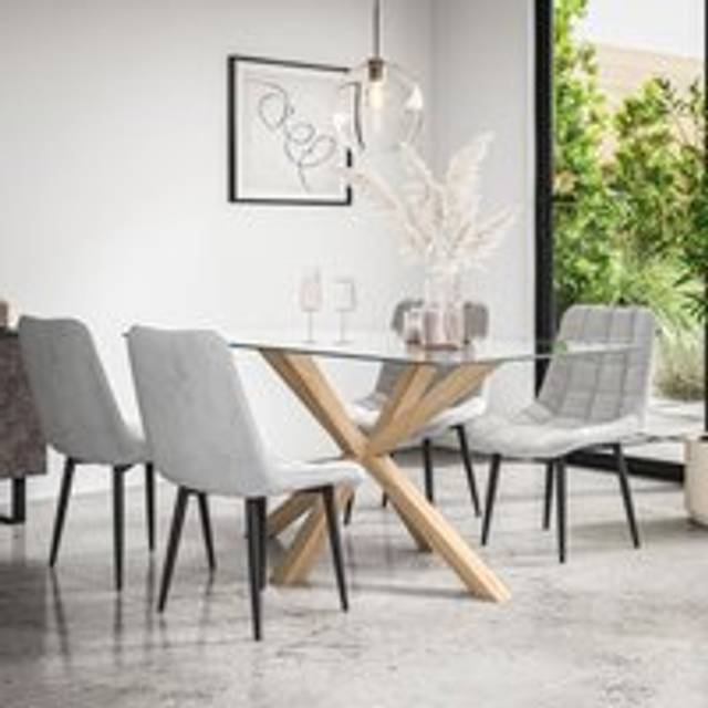 (Grey) Etta Glass Dining Table Set w Solid Oak Legs w 4-6 Nova Velvet Chair