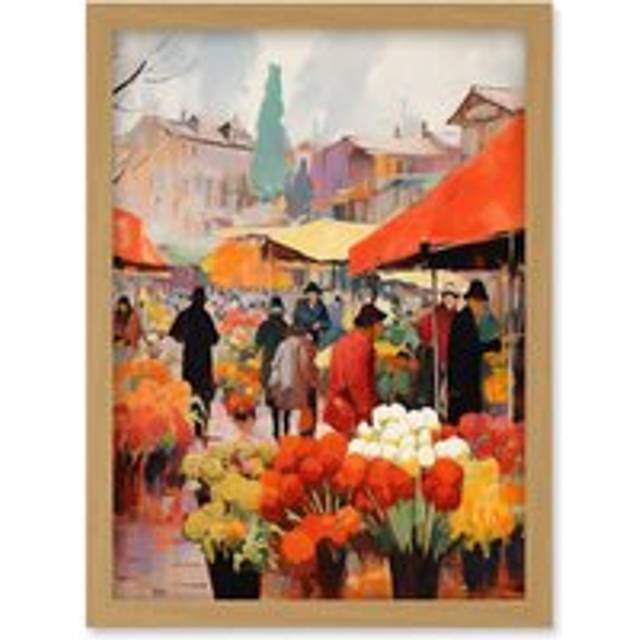 Wall Art Print Busy Flower Market Warm Amber Orange Yellow Oil Painting Artwork Framed A4 - Tan - A4