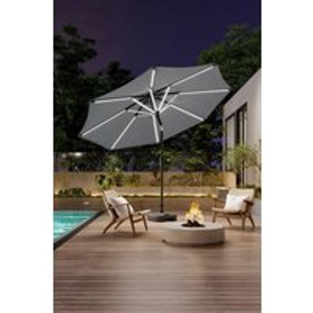 3m Solar Powered LED Outdoor Patio Umbrella with Plastic Fillable Base - Light Grey - One Size