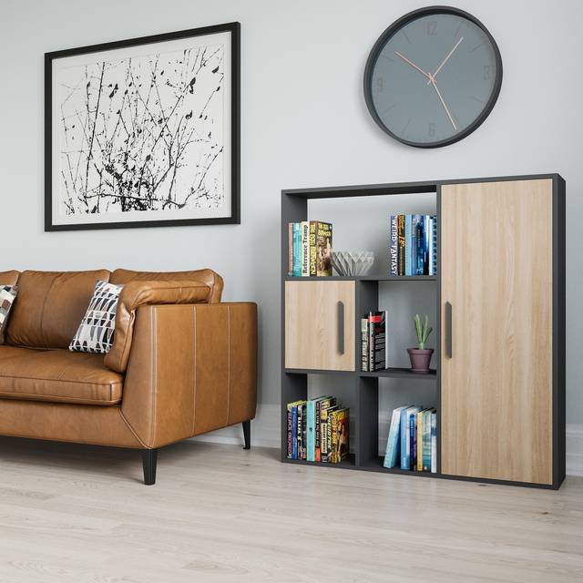 Ridge Bookcase with Cabinets - Anthracite & Sapphire Oak Pattern - Grey