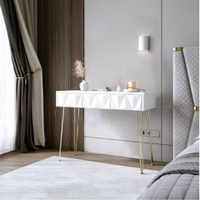 CARME Home Claudia 3 Drawers Dressing Table With Gold Hairpin Legs White/gold, White