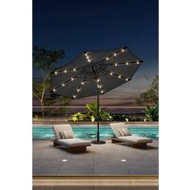 3m Patio Outdoor Crank Parasol Solar 24 LED Lights with Floral-Pattern Base - Dark Grey - One Size