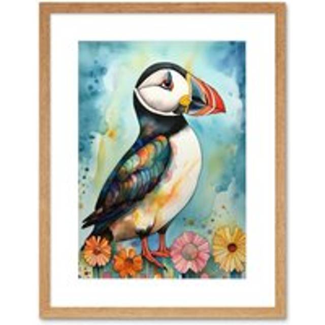 Wall Art Print Puffin Bird With Flowers Folk Artwork Framed 9X7 Inch - Beige - W7 inch x H9 inch