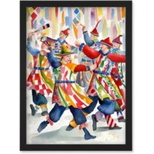 Morris Dancers Dancing Folk Art Watercolour Painting Artwork Framed Wall Art Print A4 - Black - One Size