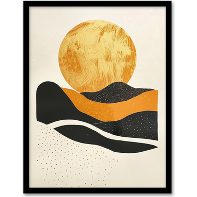 Abstract Gold Full Moon Rising Boho Landscape Framed Art Print - Yellow - A4