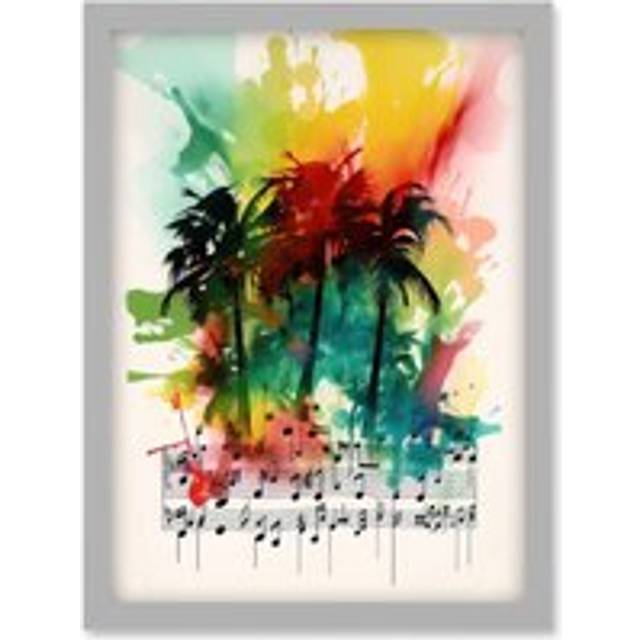 Melodic Oasis Tropical Palm Tree Sonata Music Modern Splat Paint Watercolour Painting Artwork Framed Wall Art Print A4 - Grey - One Size