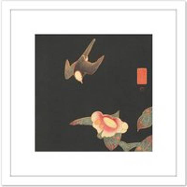 Jakuchu Swallow Camillia Bird Flower Japan Painting 8X8 Inch Square Wooden Framed Wall Art Print Picture with Mount - White - One Size