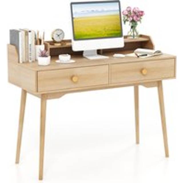 Writing Desk With Hutch 2 Drawers & Monitor Stand Office Workstation - Beige - One Size