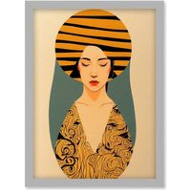 Retro Woman Mid Century Bohemian Yellow Art Nouveau Artwork Framed Wall Art Print A4 - Grey - One Size