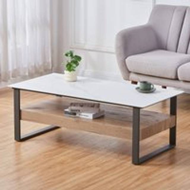 Ascent Rectangular Stone Coffee Table with Shelf - Light Stone - One Size