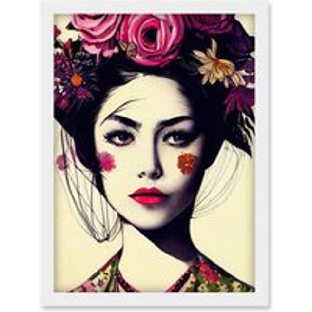 Boho Woman With Flowers Headdress Modern Artwork Framed Wall Art Print A4 - White - One Size