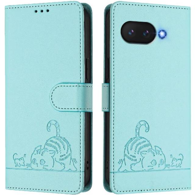 (Green) Case for Google Pixel 9a Wallet Flip Cover Cat Rfid Card Slot Holder Kickstand