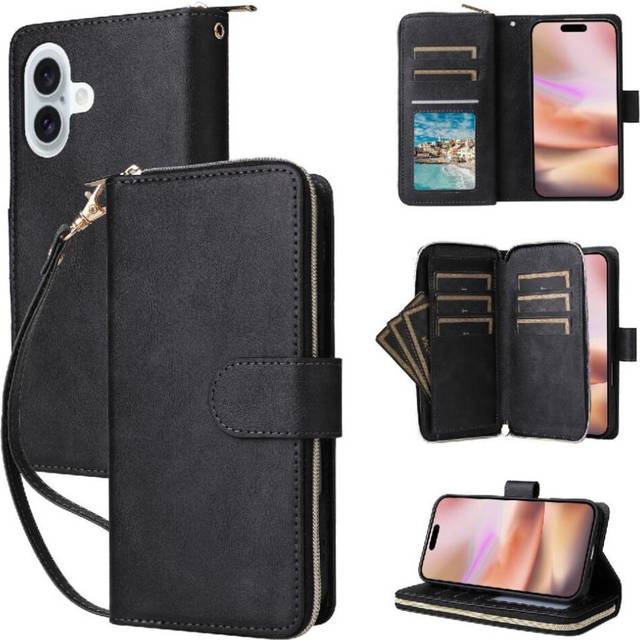 (Black) Case for iphone 16 Plus Zipper Pocket Wallet Case with 9 Card Slots Card Holder with Hand Strap Flip Cover